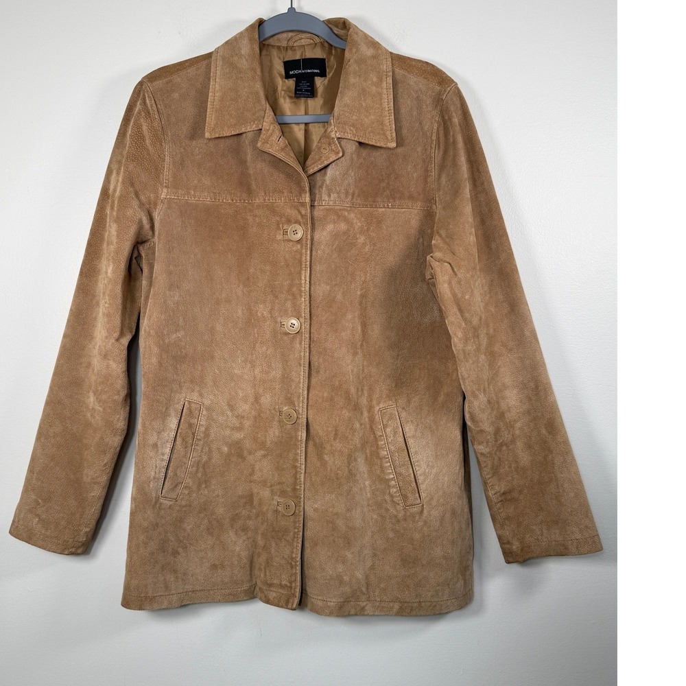 Western Ranch Leather Suede Jacket Womens M Tan Earthy Classic Button Front EUC